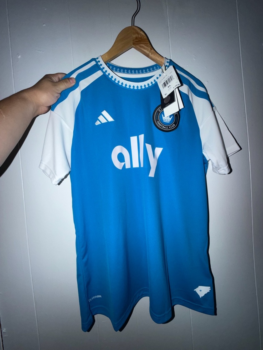 adidas Blue Charlotte White Soccer Jersey with Ally Logo